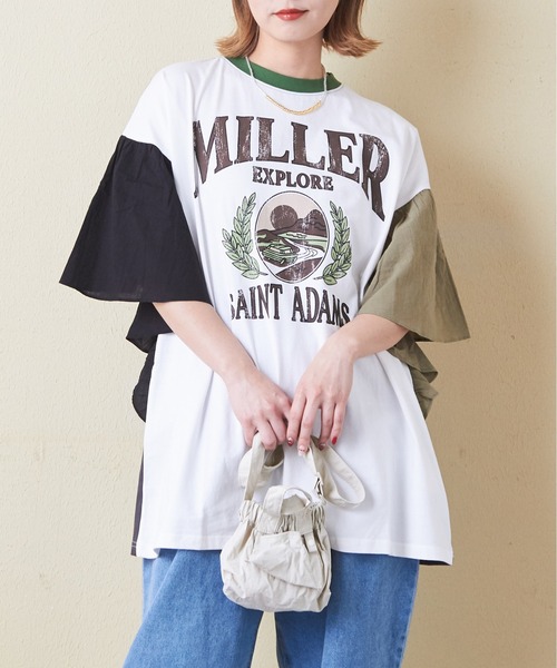 CUBE SUGAR（キューブシュガー）の「26/-天竺×布帛袖フリルビッグTシャツ（Tシャツ/カットソー・レディース・スミクロ/グリーン/ベージュ/ホワイト/マルチ・M）」の5枚目の写真