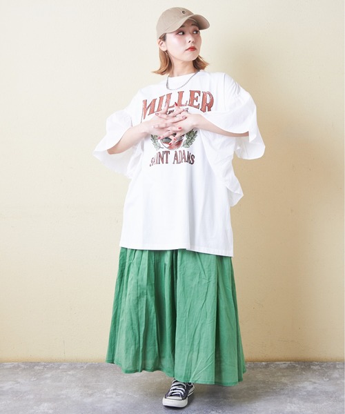 CUBE SUGAR（キューブシュガー）の「26/-天竺×布帛袖フリルビッグTシャツ（Tシャツ/カットソー・レディース・スミクロ/グリーン/ベージュ/ホワイト/マルチ・M）」の8枚目の写真