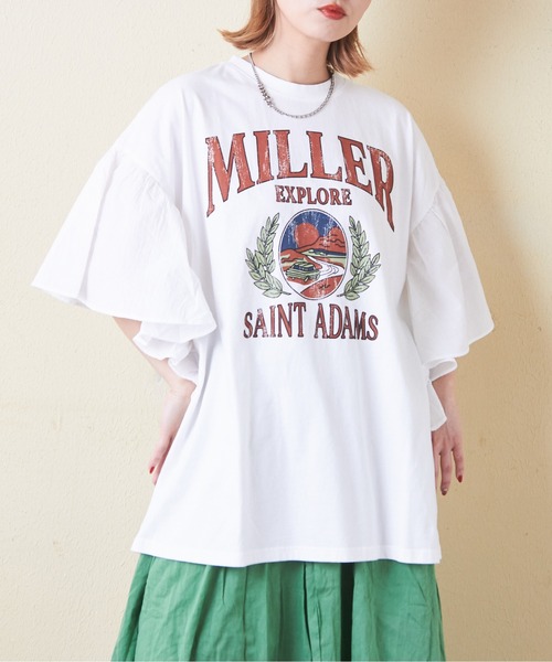 CUBE SUGAR（キューブシュガー）の「26/-天竺×布帛袖フリルビッグTシャツ（Tシャツ/カットソー・レディース・スミクロ/グリーン/ベージュ/ホワイト/マルチ・M）」の7枚目の写真