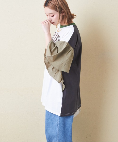 CUBE SUGAR（キューブシュガー）の「26/-天竺×布帛袖フリルビッグTシャツ（Tシャツ/カットソー・レディース・スミクロ/グリーン/ベージュ/ホワイト/マルチ・M）」の21枚目の写真