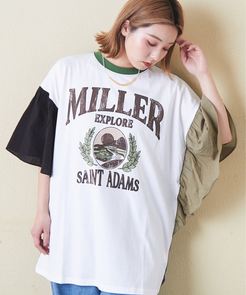 CUBE SUGAR（キューブシュガー）の「26/-天竺×布帛袖フリルビッグTシャツ（Tシャツ/カットソー・レディース・スミクロ/グリーン/ベージュ/ホワイト/マルチ・M）」の22枚目の写真