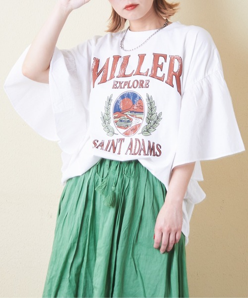 CUBE SUGAR（キューブシュガー）の「26/-天竺×布帛袖フリルビッグTシャツ（Tシャツ/カットソー・レディース・スミクロ/グリーン/ベージュ/ホワイト/マルチ・M）」の6枚目の写真