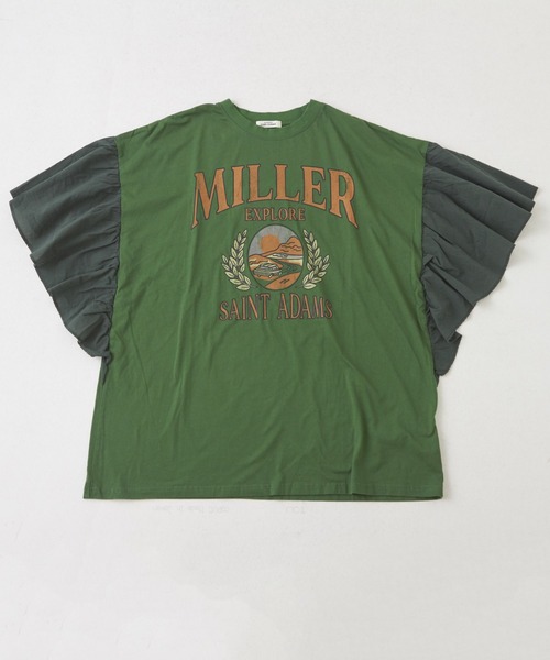 CUBE SUGAR（キューブシュガー）の「26/-天竺×布帛袖フリルビッグTシャツ（Tシャツ/カットソー・レディース・スミクロ/グリーン/ベージュ/ホワイト/マルチ・M）」の20枚目の写真