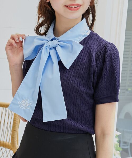 MAJESTIC LEGON(マジェスティックレゴン)の「リボンセットドッキング半袖ニット(ニット/セーター・レディース・アイボリー/ネイビー/グレー/ボルドー・MEDIUM)」の4枚目の写真