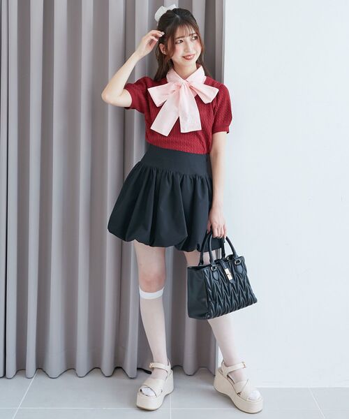 MAJESTIC LEGON(マジェスティックレゴン)の「リボンセットドッキング半袖ニット(ニット/セーター・レディース・アイボリー/ネイビー/グレー/ボルドー・MEDIUM)」の7枚目の写真