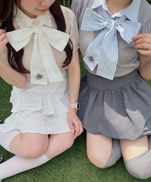 MAJESTIC LEGON(マジェスティックレゴン)の「リボンセットドッキング半袖ニット(ニット/セーター・レディース・アイボリー/ネイビー/グレー/ボルドー・MEDIUM)」の14枚目の写真