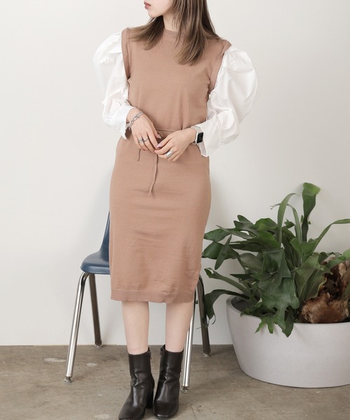 ワンピース ニットドッキング 柄 パフスリーブ ゆったり ロング セール】シャツドッキングニットワンピース 袖ギャザー