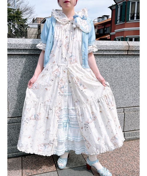 美品 PINK HOUSE ピンクハウス ネコ柄チュニックワンピース さざ波とねこプリントワンピース（ワンピース）｜PINK HOUSE