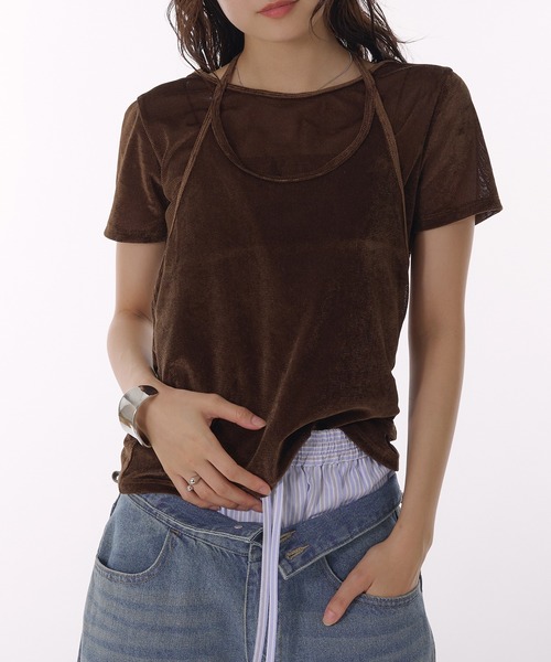 MUHET(ミュエータ)の「【set item】sheer velour t-shirt & halter neck camisole / シアーベロアTシャツ&ホルターネックキャミソール(Tシャツ/カットソー・レディース・グレー/ブラウン/アイボリー・FREE)」の3枚目の写真