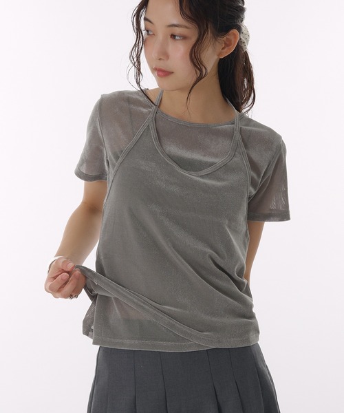 MUHET(ミュエータ)の「【set item】sheer velour t-shirt & halter neck camisole / シアーベロアTシャツ&ホルターネックキャミソール(Tシャツ/カットソー・レディース・グレー/ブラウン/アイボリー・FREE)」の1枚目の写真