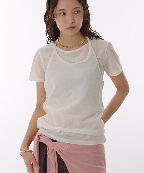MUHET(ミュエータ)の「【set item】sheer velour t-shirt & halter neck camisole / シアーベロアTシャツ&ホルターネックキャミソール(Tシャツ/カットソー・レディース・グレー/ブラウン/アイボリー・FREE)」の2枚目の写真