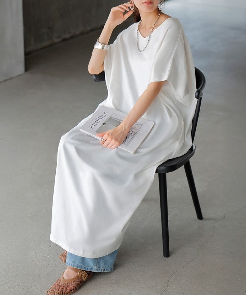 HUG.U(ハグユー)の「汗ジミ防止ロングTシャツワンピース(ワンピース・レディース・ブラック/グレイッシュブルー/ホワイト/ライトグレー/ダークグレー/オレンジ・レギュラー丈/トール丈)」の8枚目の写真