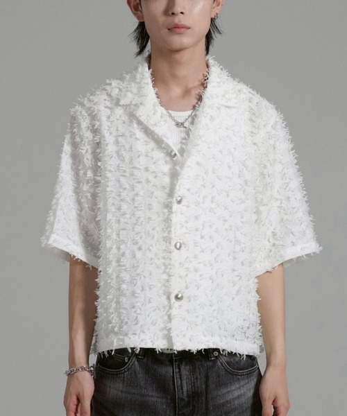 Chikashitsu +（チカシツプラス）の「【Chikashitsu +】feather touch cropped half sleeve shirt / 【チカシツプラス】フェザータッチクロップド半袖シャツ（シャツ/ブラウス・メンズ・ホワイト/ブラック・ONE SIZE）」の7枚目の写真