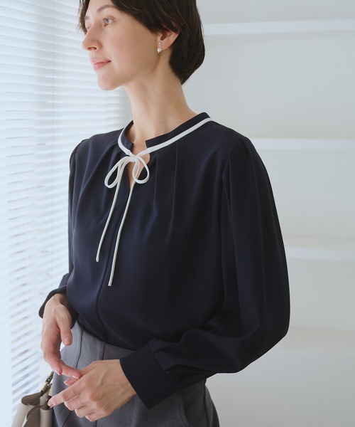 セール】【前後2WAY】【WEB限定カラー】配色リボンブラウス/通勤対応