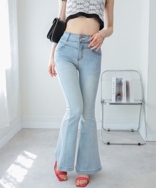 Andmary ライトカラーのヒップハグフレアデニムパンツ Y2Kファッション】ヒップハグフレアデニムパンツ デニムパンツ