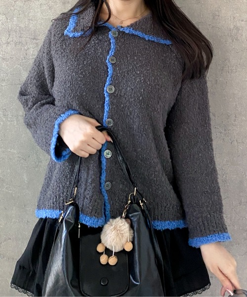 Mejoul(メジュール)の「襟付き配色パイピングボアカーディガン(カーディガン/ボレロ・レディース・グレー/ホワイト/ブラウン・F)」の16枚目の写真