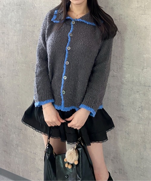 Mejoul(メジュール)の「襟付き配色パイピングボアカーディガン(カーディガン/ボレロ・レディース・グレー/ホワイト/ブラウン・F)」の18枚目の写真