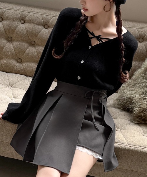 セール】サイドリボンラップ風プリーツレーススカパン（スカート