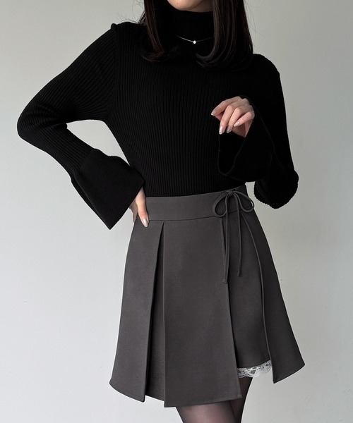 セール】サイドリボンラップ風プリーツレーススカパン（スカート
