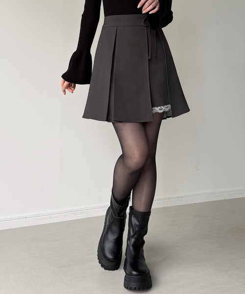 ブラックプリーツスカート レース風 セール】サイドリボンラップ風プリーツレーススカパン（スカート