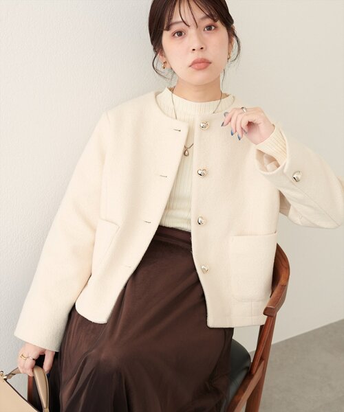natural couture（ナチュラルクチュール）の「【WEB限定】ハート釦ほっこり素材コートジャケット（ノーカラージャケット・レディース・ダークブラウン/モカ/アイボリー・FREE）」の4枚目の写真