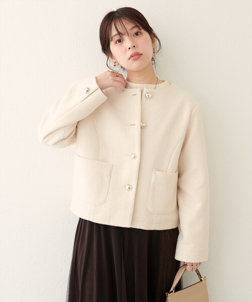 natural couture（ナチュラルクチュール）の「【WEB限定】ハート釦ほっこり素材コートジャケット（ノーカラージャケット・レディース・ダークブラウン/モカ/アイボリー・FREE）」の10枚目の写真