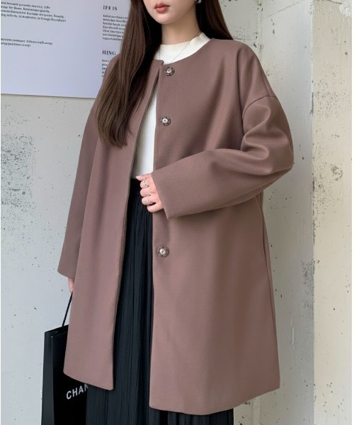 Maison Calme(メゾンカルム)の「ふんわりシルエットノーカラーライトメルトンミドル丈コート スナップボタン(ノーカラーコート・レディース・ブラウン/ブラック/アイボリー・M/L)」の3枚目の写真