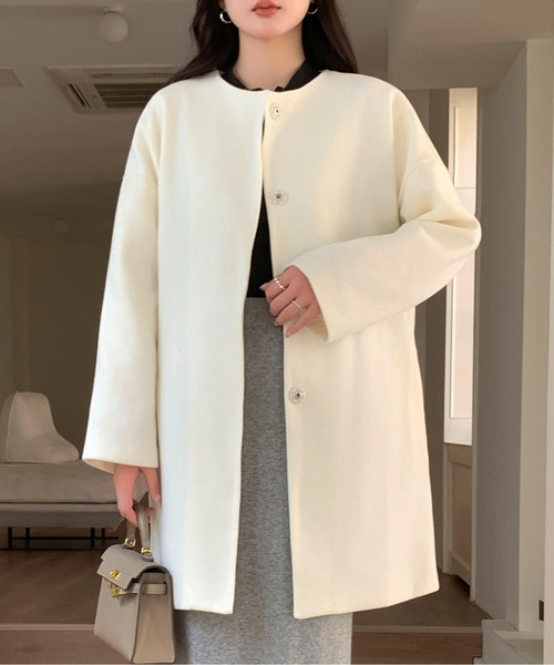 Maison Calme(メゾンカルム)の「ふんわりシルエットノーカラーライトメルトンミドル丈コート スナップボタン(ノーカラーコート・レディース・ブラウン/ブラック/アイボリー・M/L)」の12枚目の写真