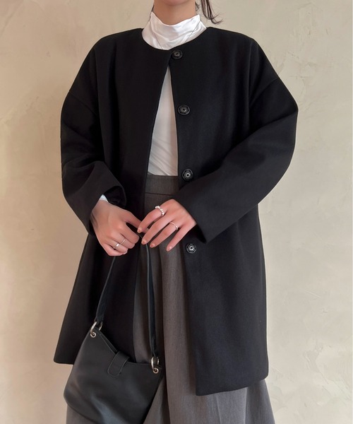 Maison Calme(メゾンカルム)の「ふんわりシルエットノーカラーライトメルトンミドル丈コート スナップボタン(ノーカラーコート・レディース・ブラウン/ブラック/アイボリー・M/L)」の16枚目の写真