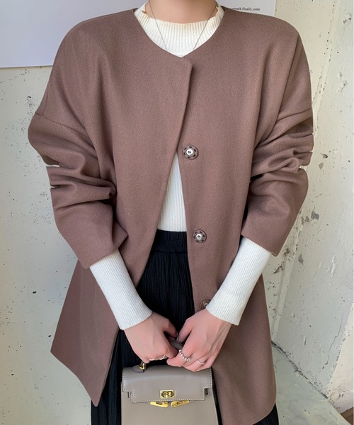 Maison Calme(メゾンカルム)の「ふんわりシルエットノーカラーライトメルトンミドル丈コート スナップボタン(ノーカラーコート・レディース・ブラウン/ブラック/アイボリー・M/L)」の19枚目の写真