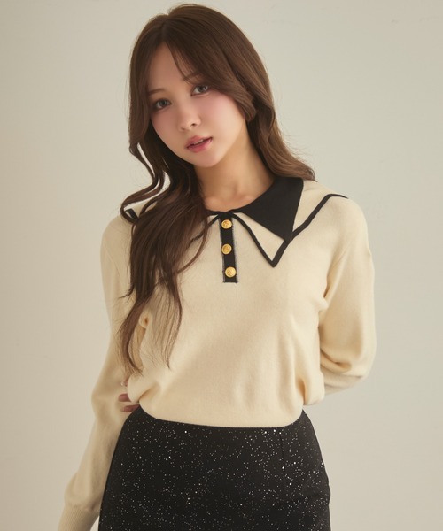 TITTY&CO.（ティティーアンドコー）の「バイカラー襟ニット（ニット/セーター・レディース・アイボリー/チャコールグレー/ネイビー・FREE）」の6枚目の写真