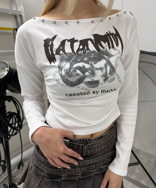 Figments(フィグメンツ)の「ドームスタッズグラフィックトップ(Tシャツ/カットソー・レディース・ホワイト/ブラック・FREE)」の2枚目の写真