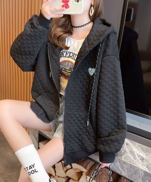 SallyLunn（サリーラン）の「ワンポイントブロック柄パーカー（パーカー・レディース・グレー/ブラック/ホワイト・MEDIUM/LARGE）」の8枚目の写真
