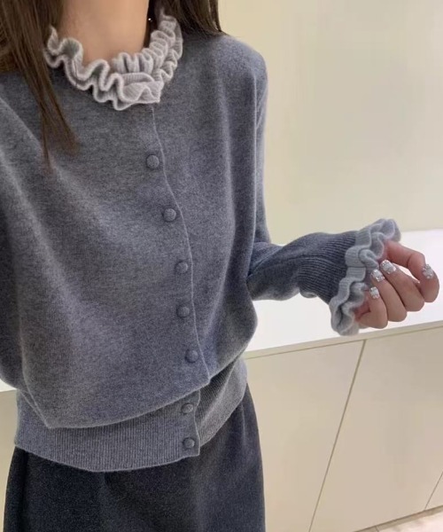 セール】配色フリルドッキングニットカーディガン（カーディガン