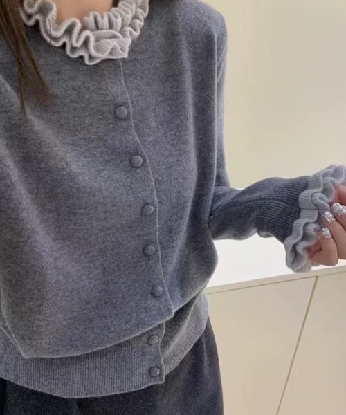 セール】配色フリルドッキングニットカーディガン（カーディガン