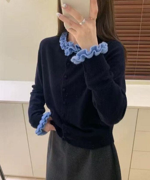 セール】配色フリルドッキングニットカーディガン（カーディガン