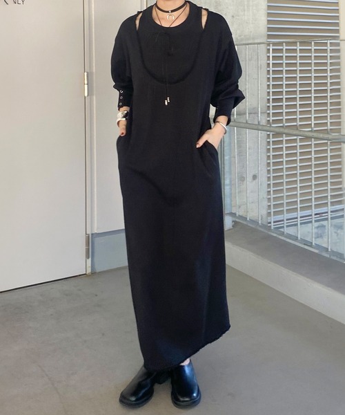 ISOOK（アイスー）の「レイヤードデザインワッフルワンピース（kiharu original）/ ロング丈 レイヤード風 サーマル 長袖 春 春服（ワンピース・レディース・ブラック/アイボリー・FREE）」の2枚目の写真