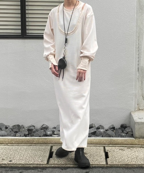 ISOOK（アイスー）の「レイヤードデザインワッフルワンピース（kiharu original）/ ロング丈 レイヤード風 サーマル 長袖 春 春服（ワンピース・レディース・ブラック/アイボリー・FREE）」の5枚目の写真