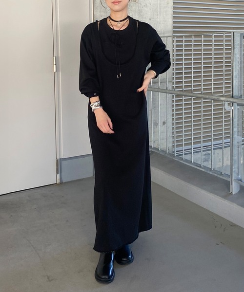 ISOOK（アイスー）の「レイヤードデザインワッフルワンピース（kiharu original）/ ロング丈 レイヤード風 サーマル 長袖 春 春服（ワンピース・レディース・ブラック/アイボリー・FREE）」の7枚目の写真