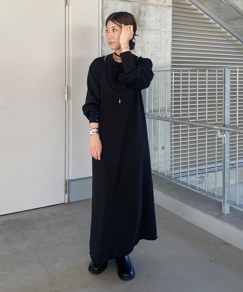 ISOOK（アイスー）の「レイヤードデザインワッフルワンピース（kiharu original）/ ロング丈 レイヤード風 サーマル 長袖 春 春服（ワンピース・レディース・ブラック/アイボリー・FREE）」の8枚目の写真