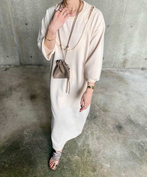 ISOOK（アイスー）の「レイヤードデザインワッフルワンピース（kiharu original）/ ロング丈 レイヤード風 サーマル 長袖 春 春服（ワンピース・レディース・ブラック/アイボリー・FREE）」の11枚目の写真