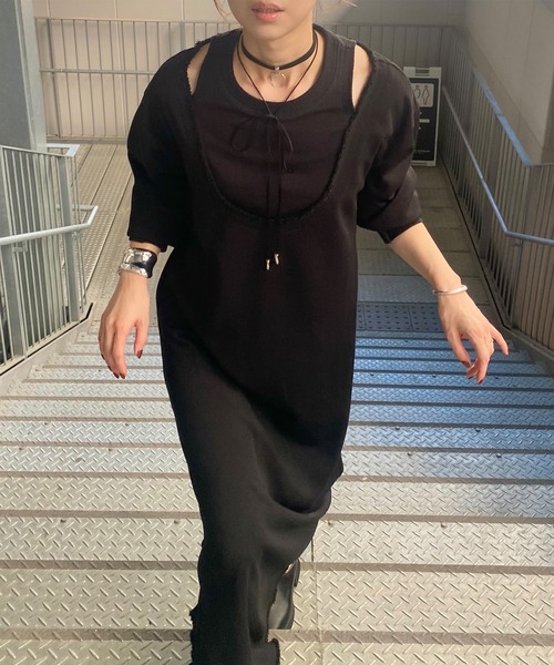 ISOOK（アイスー）の「レイヤードデザインワッフルワンピース（kiharu original）/ ロング丈 レイヤード風 サーマル 長袖 春 春服（ワンピース・レディース・ブラック/アイボリー・FREE）」の12枚目の写真