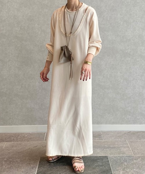 ISOOK（アイスー）の「レイヤードデザインワッフルワンピース（kiharu original）/ ロング丈 レイヤード風 サーマル 長袖 春 春服（ワンピース・レディース・ブラック/アイボリー・FREE）」の14枚目の写真