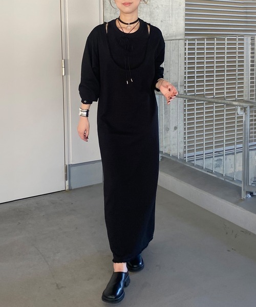 ISOOK（アイスー）の「レイヤードデザインワッフルワンピース（kiharu original）/ ロング丈 レイヤード風 サーマル 長袖 春 春服（ワンピース・レディース・ブラック/アイボリー・FREE）」の15枚目の写真