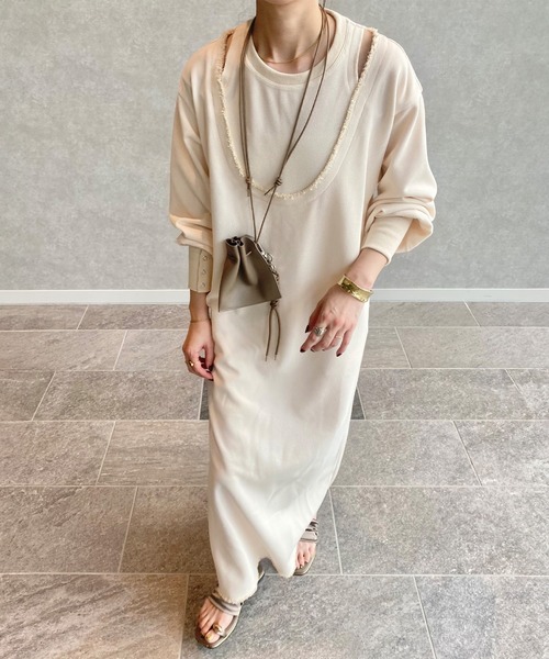 ISOOK（アイスー）の「レイヤードデザインワッフルワンピース（kiharu original）/ ロング丈 レイヤード風 サーマル 長袖 春 春服（ワンピース・レディース・ブラック/アイボリー・FREE）」の16枚目の写真