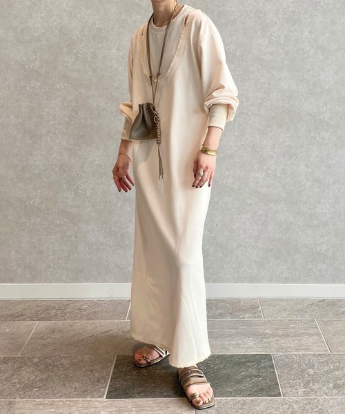 ISOOK（アイスー）の「レイヤードデザインワッフルワンピース（kiharu original）/ ロング丈 レイヤード風 サーマル 長袖 春 春服（ワンピース・レディース・ブラック/アイボリー・FREE）」の20枚目の写真