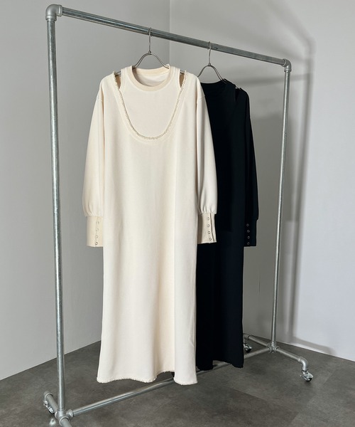 ISOOK（アイスー）の「レイヤードデザインワッフルワンピース（kiharu original）/ ロング丈 レイヤード風 サーマル 長袖 春 春服（ワンピース・レディース・ブラック/アイボリー・FREE）」の22枚目の写真