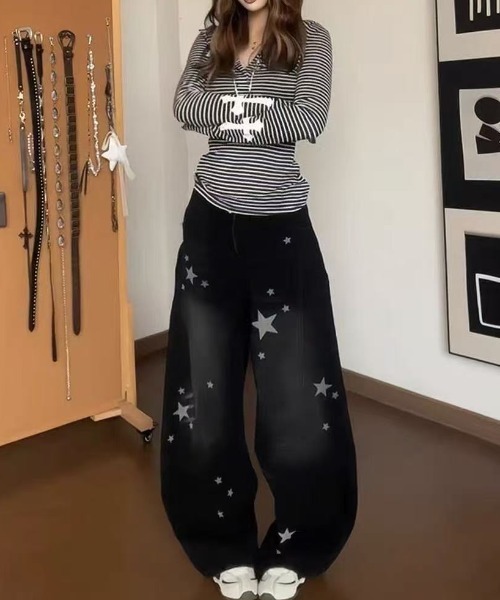ViViDAY(ビビデー)の「星柄ワイドデニムパンツ(デニムパンツ・レディース・ブラック/サックスブルー・S/M/L/XS)」の14枚目の写真