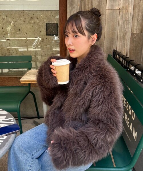 ブラウン ファーコート ショートコート アニュアンス anuans ステンカラーショートファーコート （BROWN