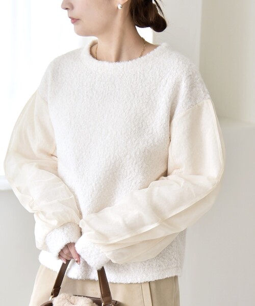 セール】quaranciel:〈洗濯機可能〉ボア × チュール コンビ クルー